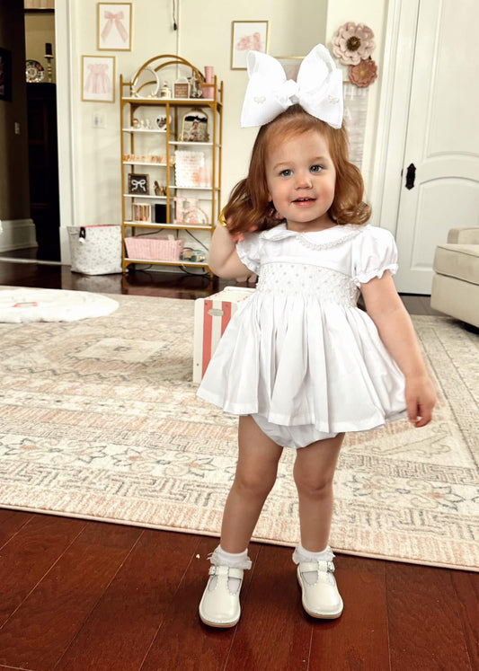 WHITE SMOCKED PEARL BLOOMER SET